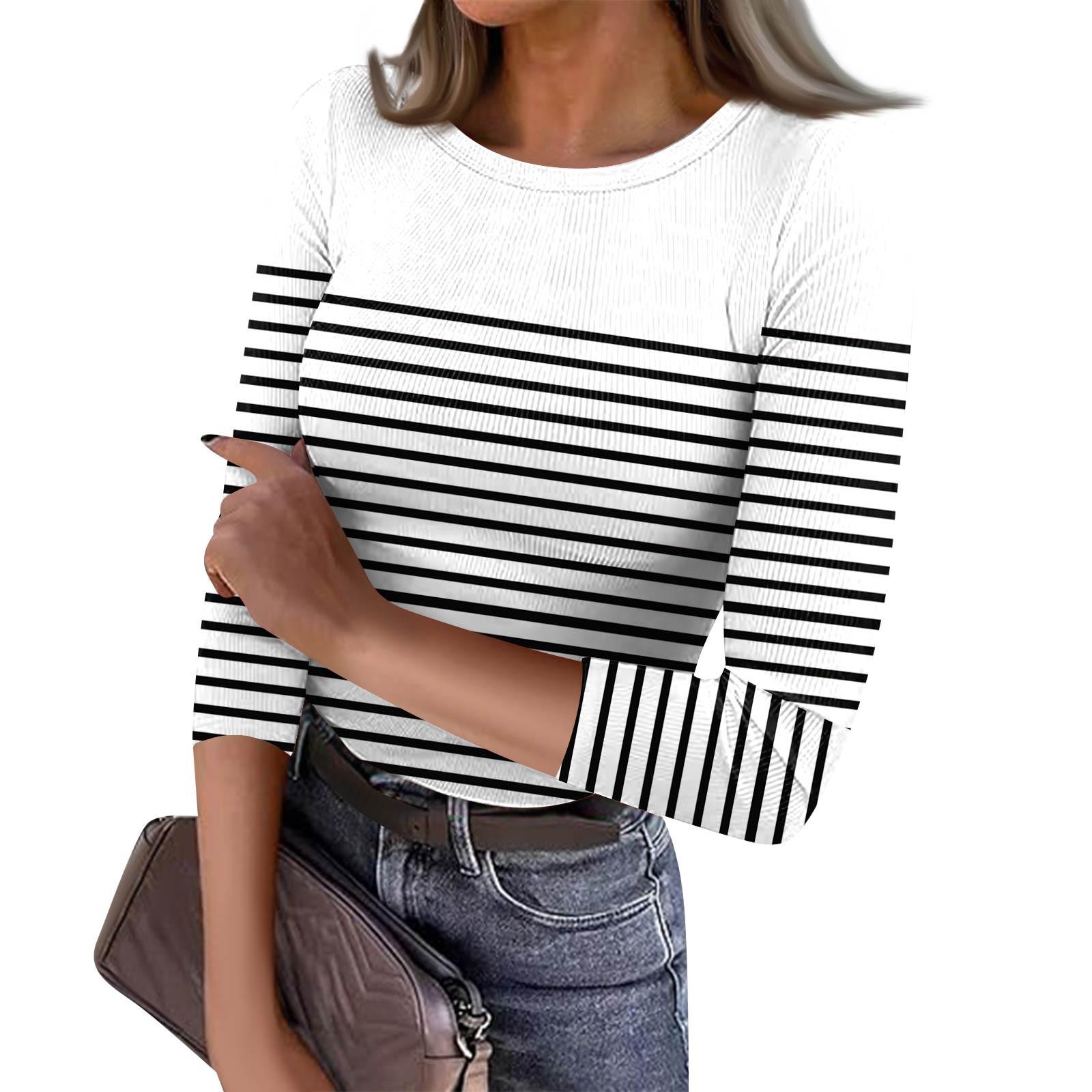 

Women s Slim Bottom T-shirt Fashion Casual Stripe Printed Round Neck Pullover Seven Sleeve Top XL білий