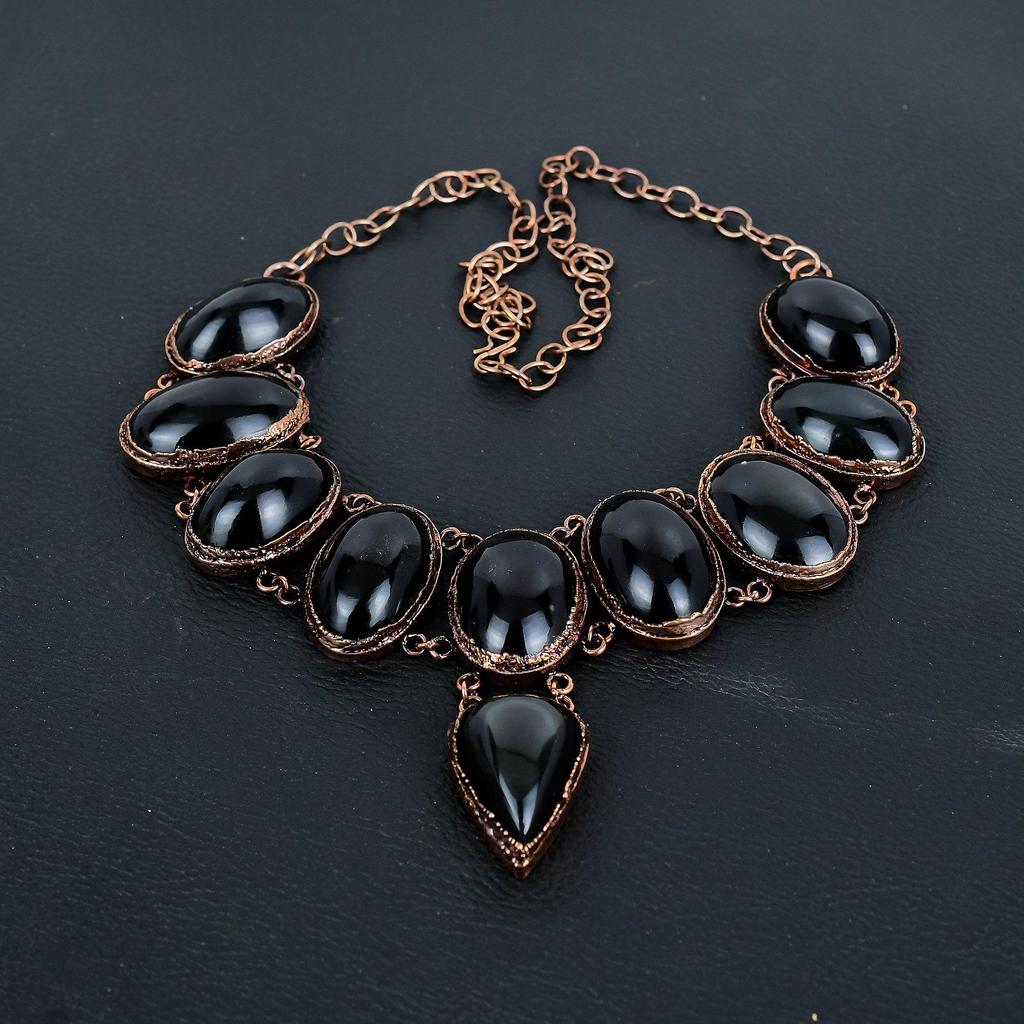 Black Obsidian Eye Gemstone Necklace, Copper Electroformed Handmade Designer Necklace Jewelry, Adjustable Chain Necklace Gift For Women