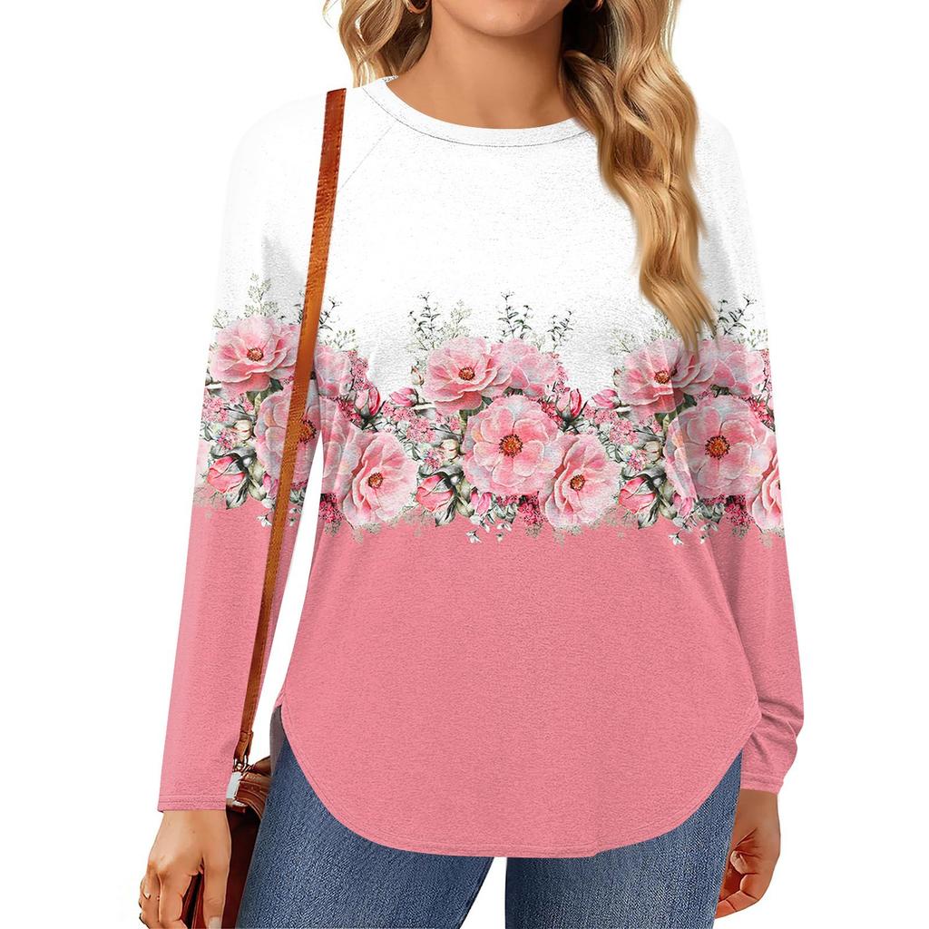 Womens Plus Size Tops Long Sleeve Shirts Round Neck Flowy Tunic Casual Loose Blouse L-5X
