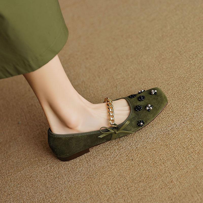 Square Head Beaded Flower Metal Chain Mary Jane Shoes Women's Versatile Low-heeled Single Shoes