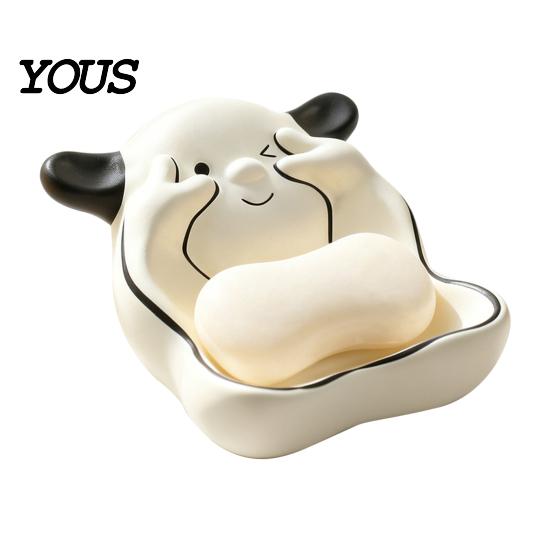 Waterproof Soap Holder Bathroom Box, Puppy Shape Dish, with Kids Raised Drainage Stripes Saver Tray, for Kitchen Washstand Quick Dry