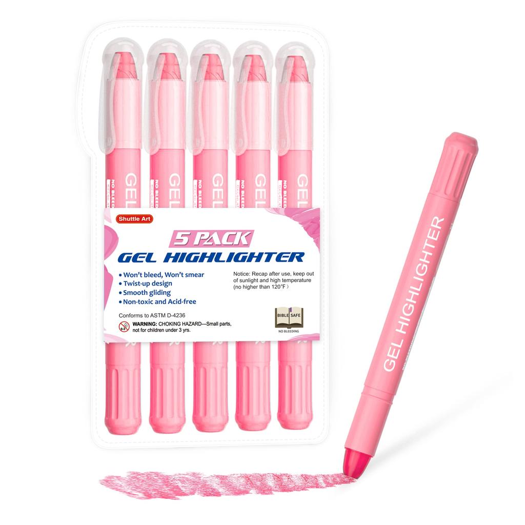 Shuttle Art Highlighter Pink Pastel Solid Fluorescent Fluorescent Retractable Gel with Clear for Marking Convenient Storage Pens, Colors, 5-Pack,