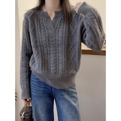 Autumn Winter Loose Casual V-neck Solid Color Sweater Women Simple All-match Pullover Knitting Top