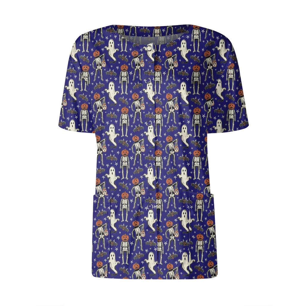 Women's Short Sleeved Patterned Pockets, Work Print Stand Up Collar, Single Breasted Protective Clothing, Cardigan Jacket, Top