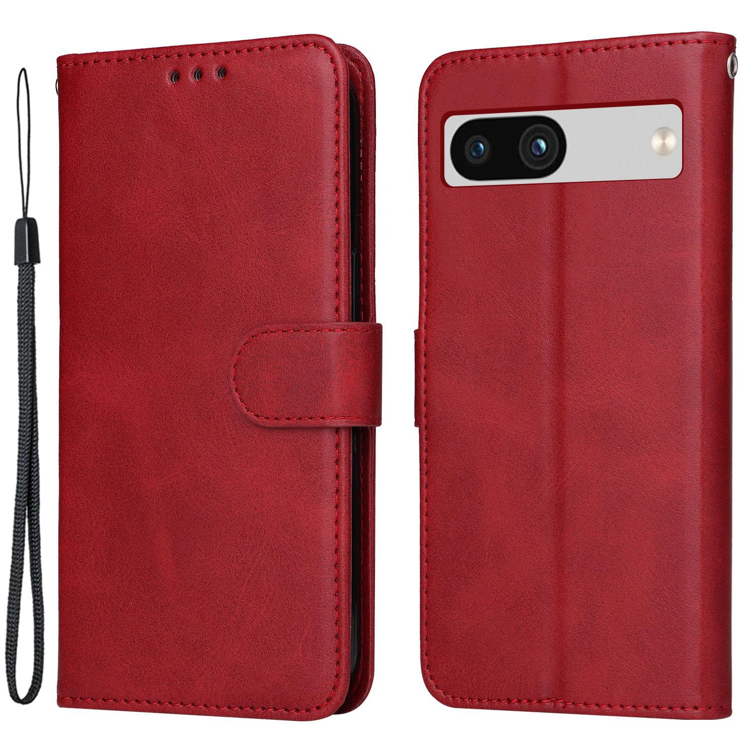 

For Google Pixel 7a Cell Phone Cover Calf Texture PU Leather Wallet Stand Case with Strap Red