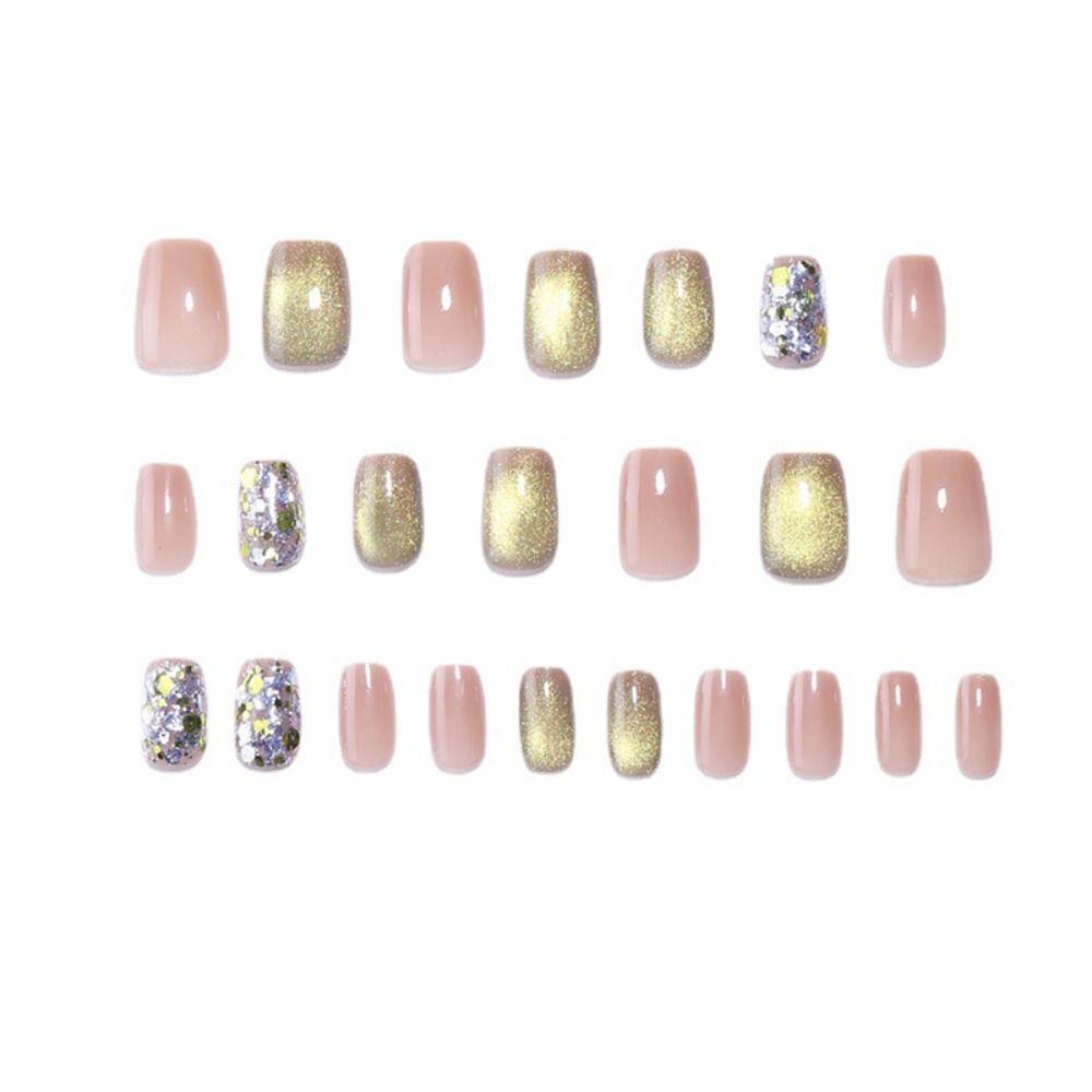 24PCS Cat Eye Fake Nails Glitter Artficial Nails Reusable Stick on Nails  DIY Manicure Art