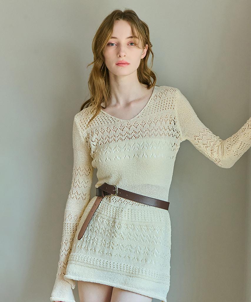 Kamino V-Neck Lace Knit Dress Beige