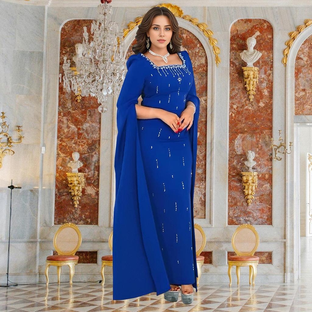 Cross-Border Elegant Women's Dress with Back Slit, Cape Sleeves, and Rhinestone Details