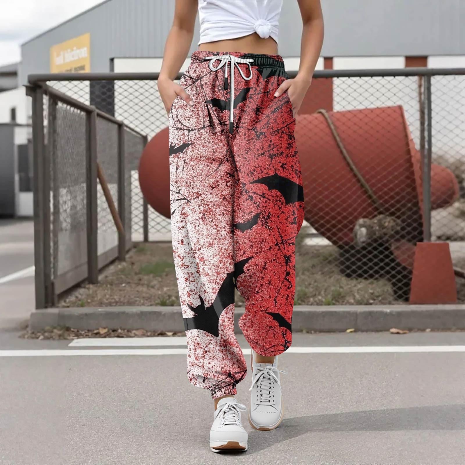 

Женские повседневные модные брюки для отдыха с принтом на Хэллоуин, спортивные штаны, брюки с эластичной резинкой на талии, брюки со шнурком XL