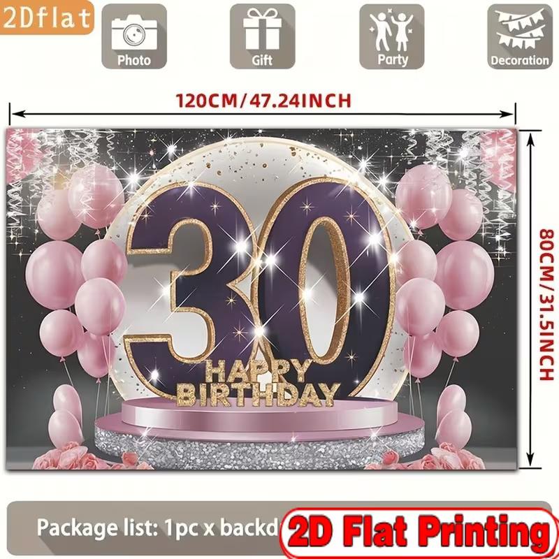 2D 30th Happy Birthday Photography Background, Purple Gold 30 Number Pink Balloon Party Decor Banner