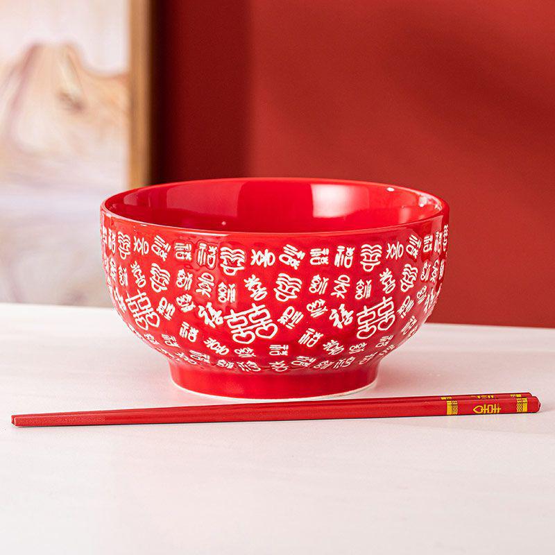 Красная керамическая свадебная миска для лапши «Сто благословений» с подарочной коробкой