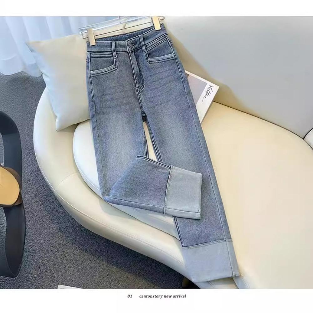 Women's High Waist Straight Leg Jeans Loose Fit Cuffed Hem Denim Pants for Casual Daily Wear