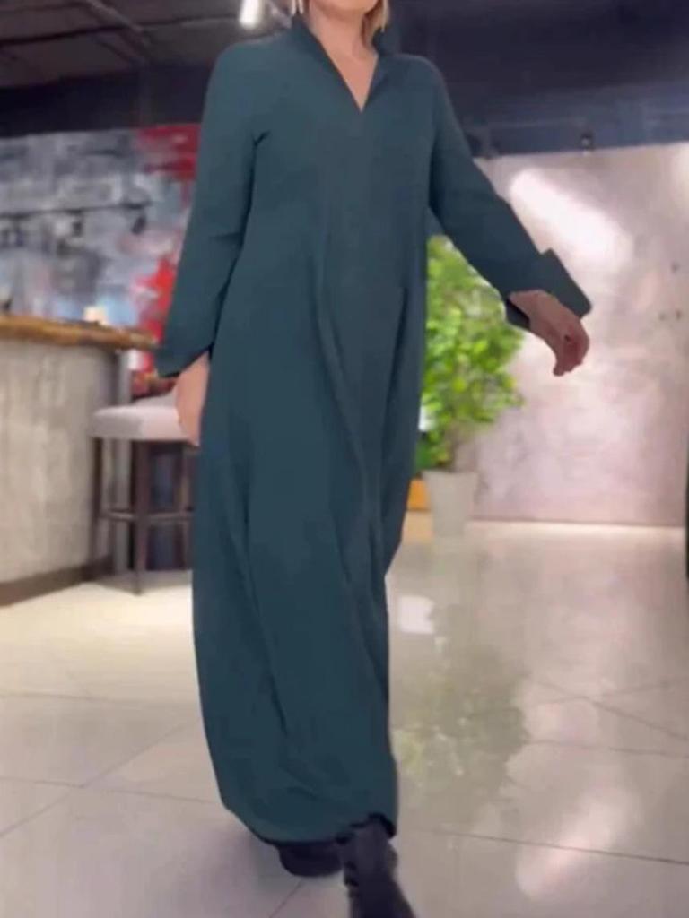 2024 European & American Autumn/Winter Casual V-Neck Long-Sleeve Solid Dress for Women