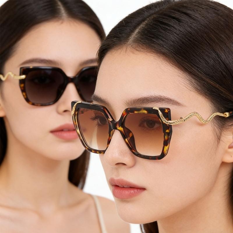 Fashion Square Frame Sunglasses With Metal Snake Temples For Men And Women UV400 Protections Large Lens Sun Glasses