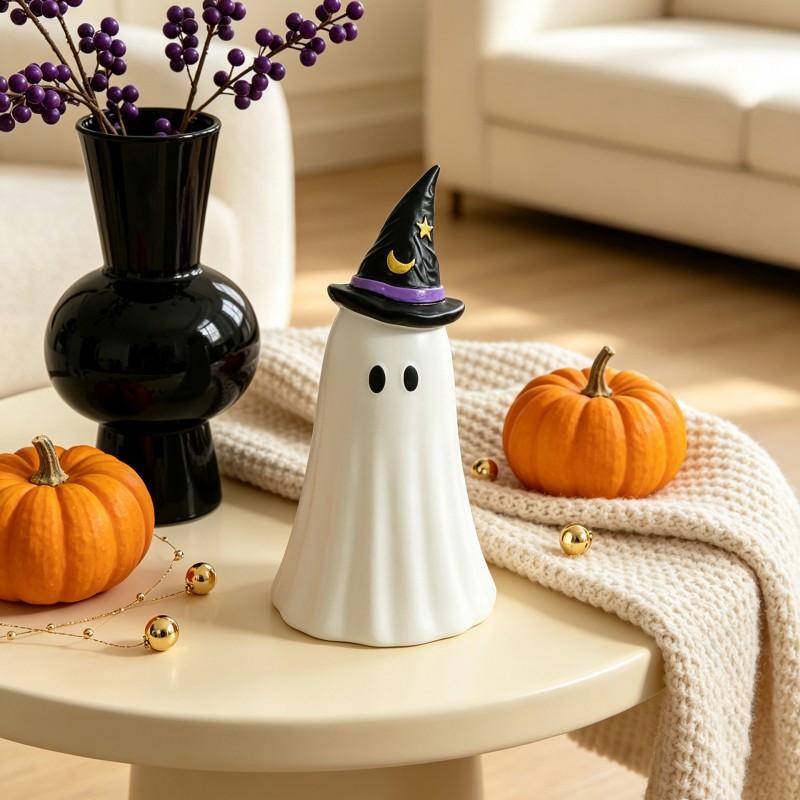 Halloween Resin Witch Hat Ghost Decor With LED Light Battery Operated Tabletop Ornament Festive Party Prop