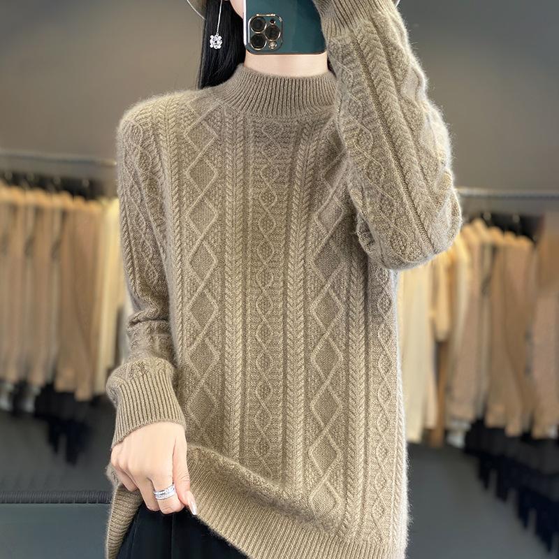 Womens Clothing Autumn and Winter Latest One Tone Semi-turtleneck Rhombus Twisted Long-sleeved Knitted Sweater Top XXL верблюд