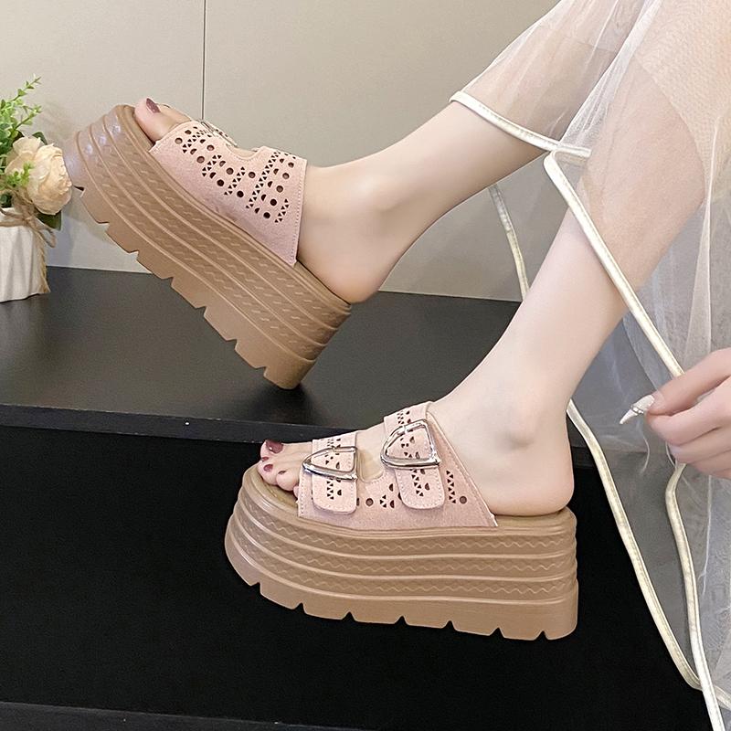 Fashion 8CM Summer Women Hollow Out Beach Slippers New Ladies Wedge Heels Leather Flip-Flops Woman High Platform Outside Sandals 2024
