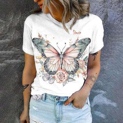 Camiseta de mujer con estampado de mariposas y fondo blanco, camiseta de manga corta informal para mujer, camiseta popular de verano 2024
