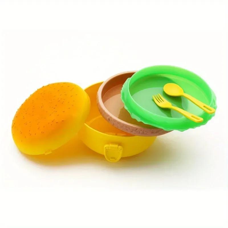 Drăguț dublu strat hamburger prânz cutie alimentară student copii prânz cutie cuptor cu microunde încălzită Bento cutii ambalaj alimentar în aer liber