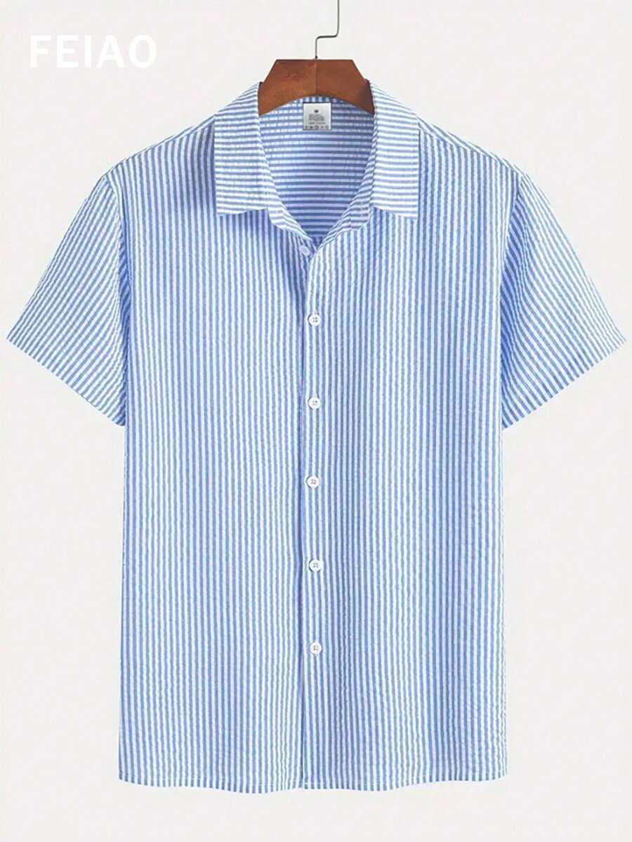 Herren Seersucker Gestreiftes Kurzarmhemd Lässig Atmungsaktiv Sommer Strand Button-Down Oberteil M blau