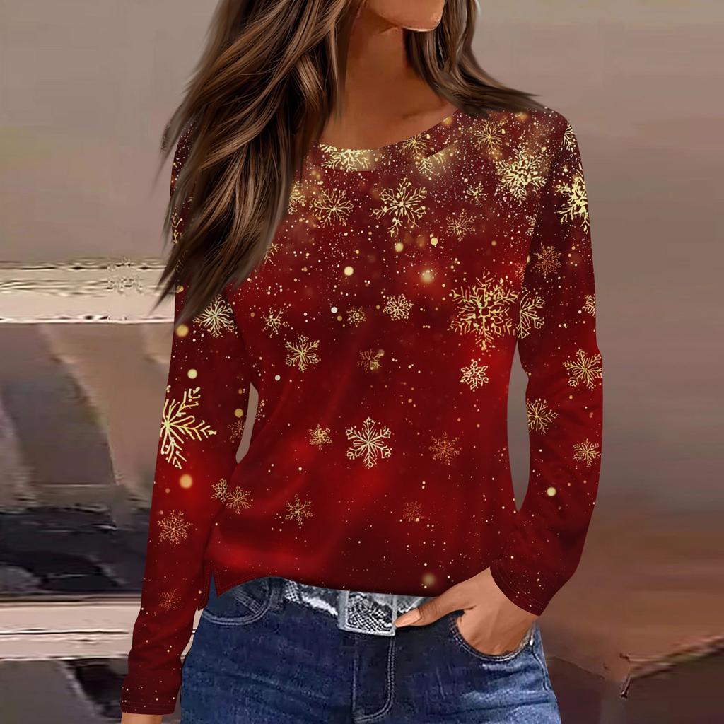 Women's Fashion Casual Slit Hem Round Neck Long Sleeve Loose Christmas Printed T-Shirt Ladies Top