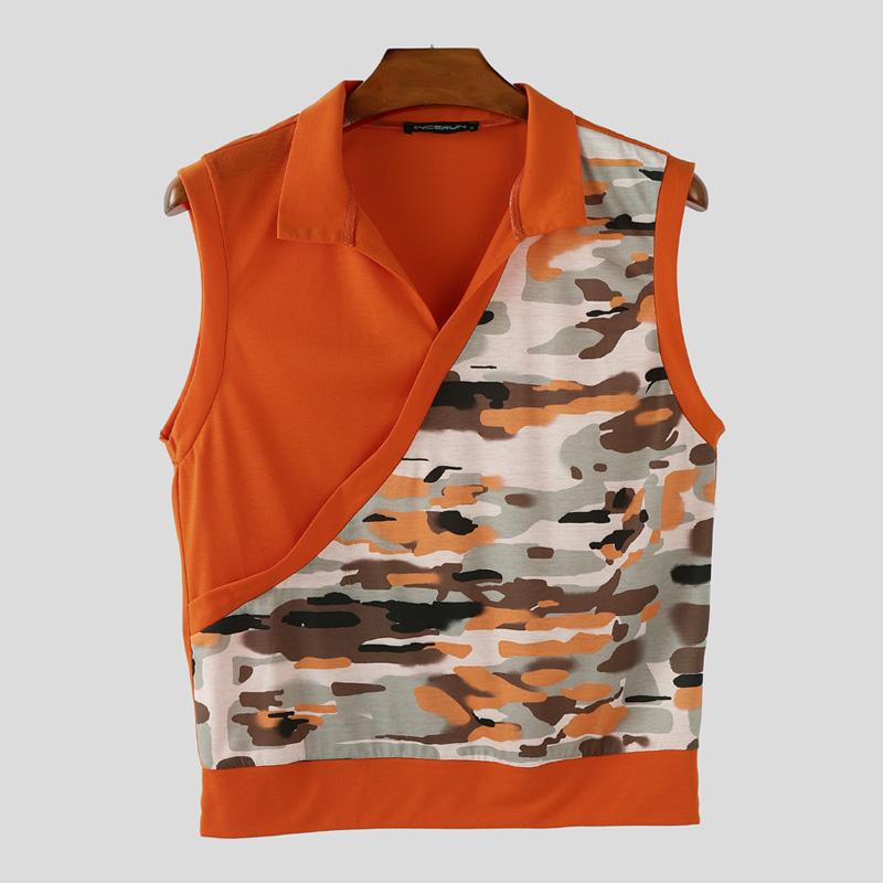 

INCERUN Мужские майки без рукавов с лацканами, повседневные, тонкие, пэчворк с камуфляжным принтом оранжевый