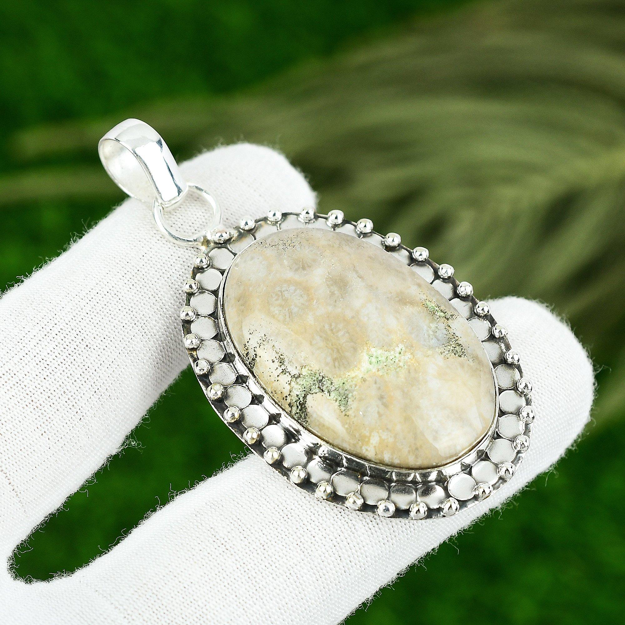 

Fossil Coral Stone Sterling Silver Handmade Daughter Boho Ethnic Wedding Pendant