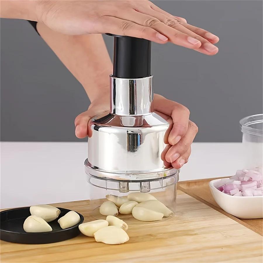 Kitchen Manual Tools Vertical Hand Press Garlic Cutter Chopper Onion Nuts Cutter Vegetable Food Chopper with Storage Container