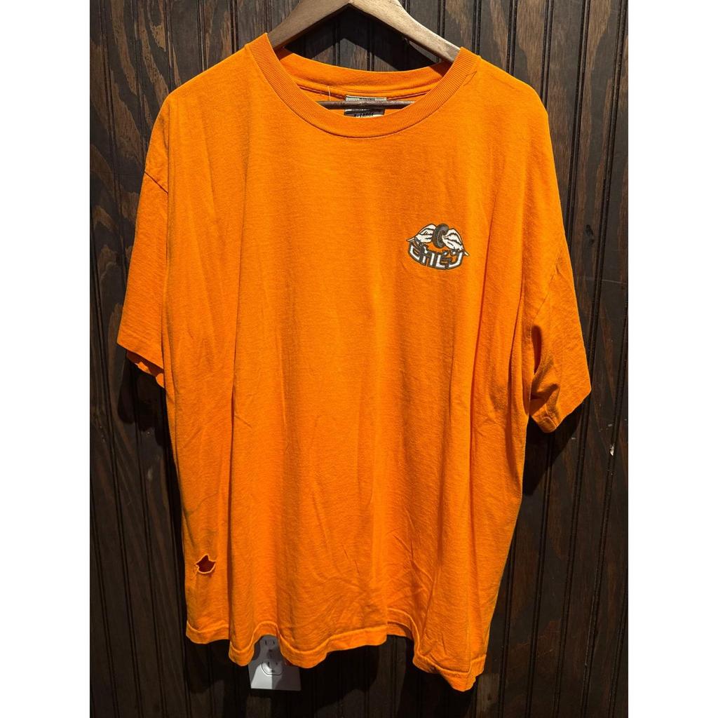 Vintage Gillys Cycle Shop Orange Graphic T-Shirt Embroidered Logo Distressed XL