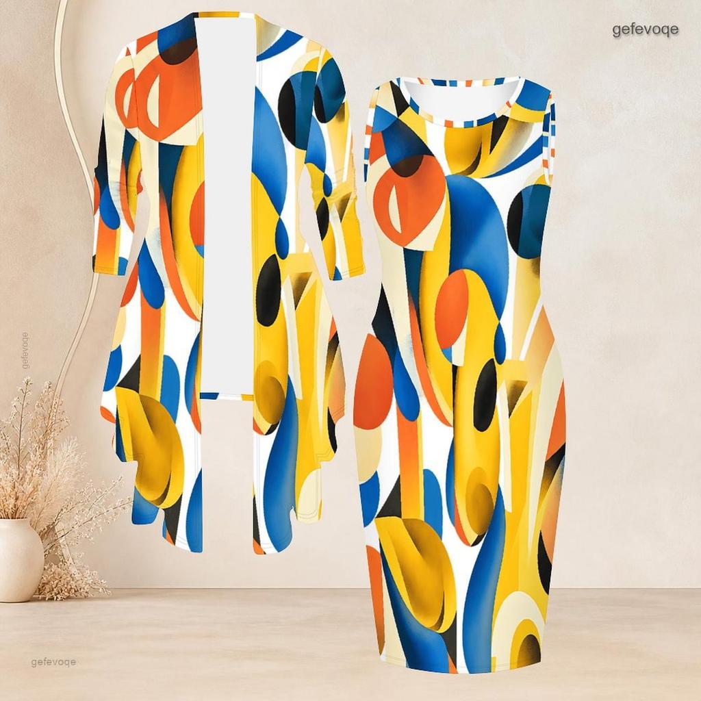 Women Plus Size Striped Printed Two Piece Set 3 4 Sleeve Open Cardigan Sleeveless Crew Neck Bodycon Dress
