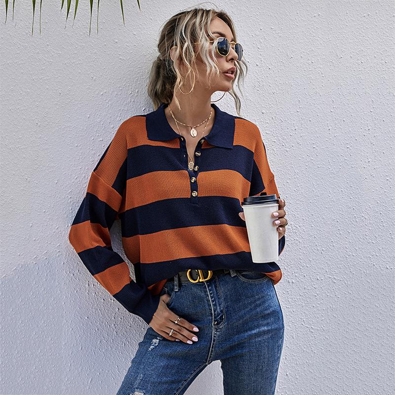 Clothing Fashion Casual Tops Shirts Fashionable and Casual Temperament Autumn Loose Tops Women Striped Long-sleeved Lapel Knit Sweater Thin Models
