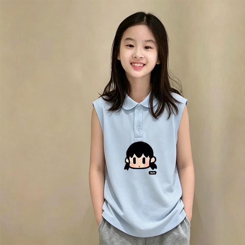 Korean-Style Girls' Cotton Sleeveless Polo Shirt - Trendy Summer Top for Middle & Older Children