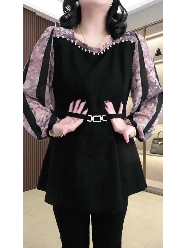 High-End Beaded Chiffon Patchwork Top for Middle-Aged Women – Plus Size, Luxury Spring Casual Shirt