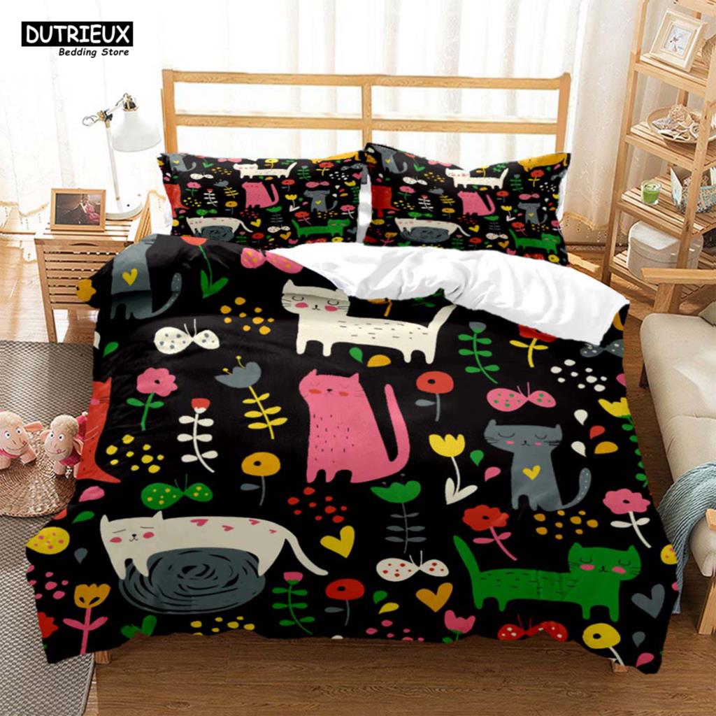 Cute Cat Print Quilt Cover Pillow Cover  Bedding Set Luxury Queen Bedding Set Cute Style Customized  children‘s  Bedding Set