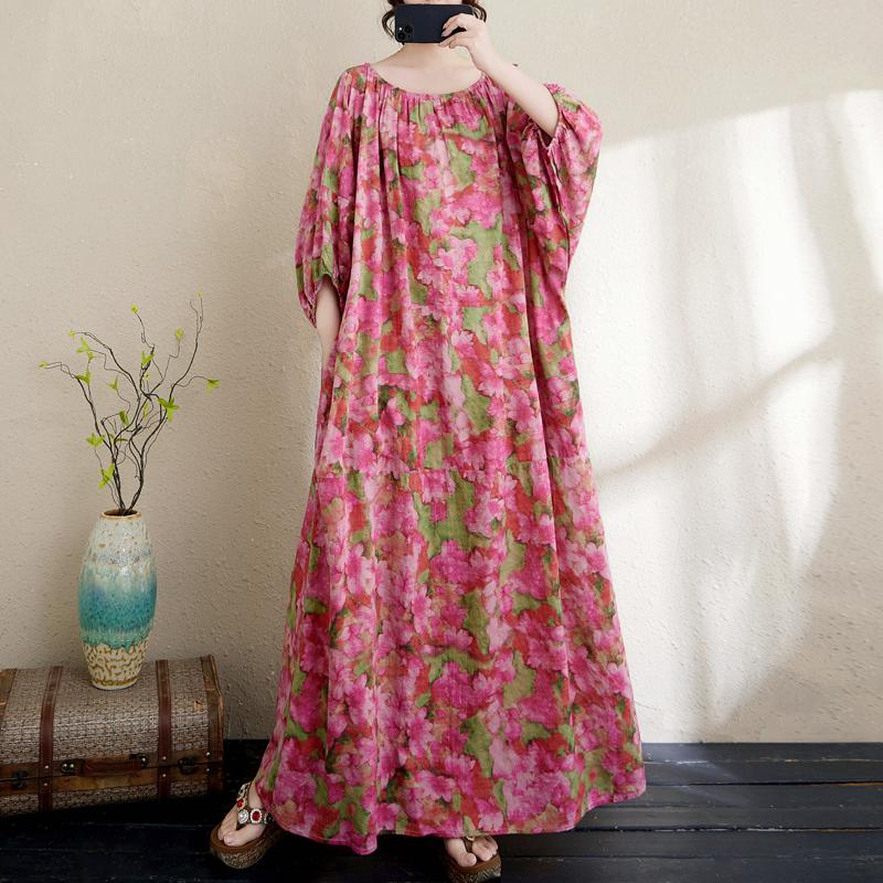 

Dimanaf 2025 Лето Плюс Размер Платье Базовый Женский Повседневный Свободный Цветочный Принт Винтажный Новый Оверсайз Платье Макси One Size розовый