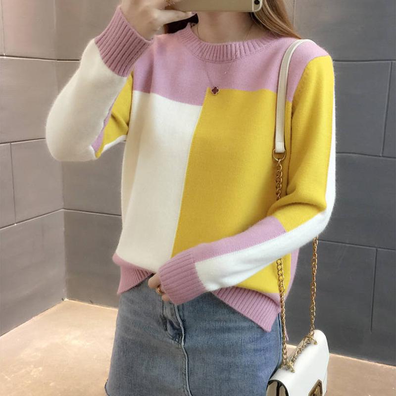 WTEMPO Low-collar Sweater Women Shirt Color Matching Thick Long-sleeved Knitted Bottoming Shirt