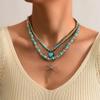 Jewelry Retro Imitation Turquoise Collarbone Chain Niche Ethnic Wind Leaf Love Cow Head Inlaid with Turquoise Multi-layer