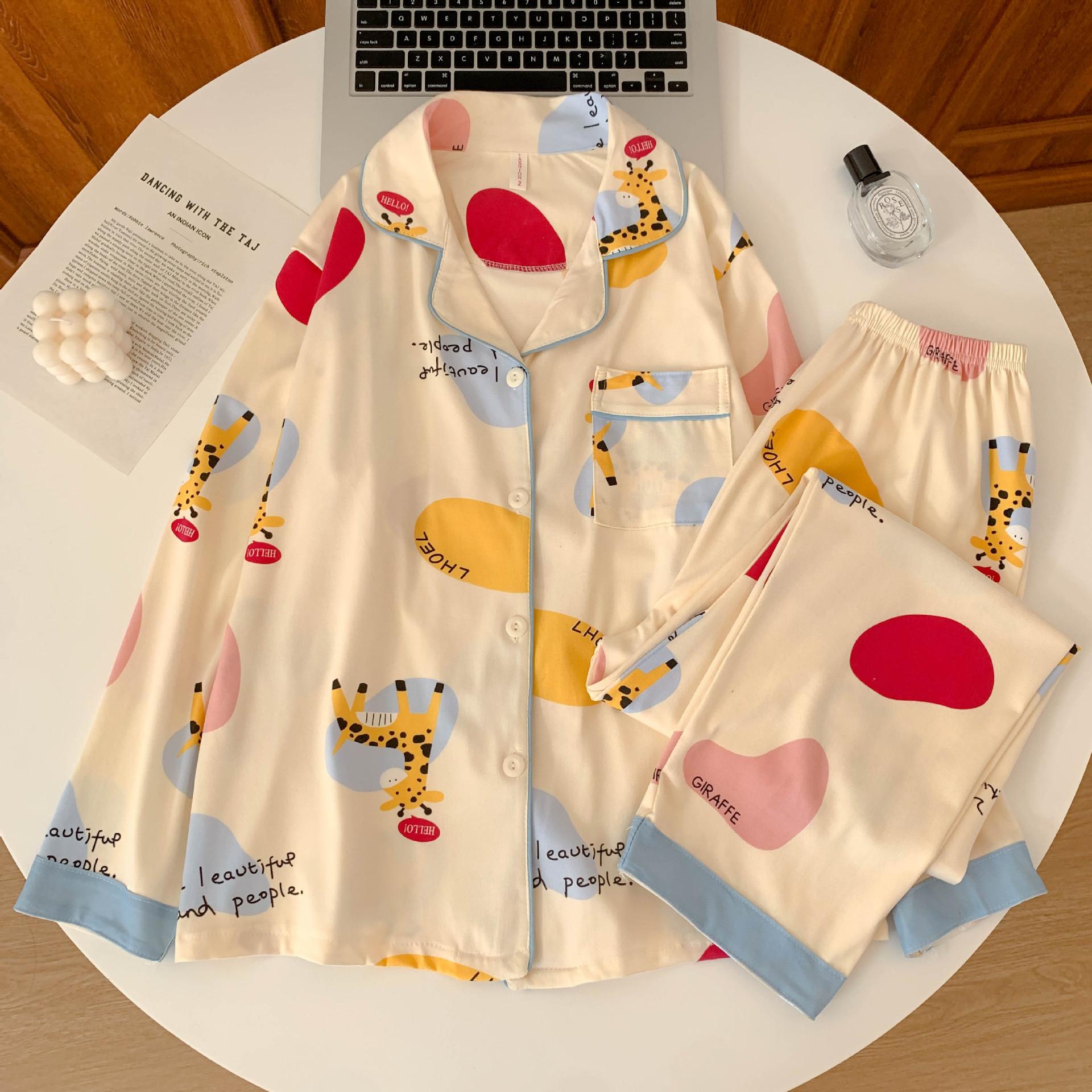 

Весенне-осенняя женская пижама с лацканами, комплект домашней одежды для девочек, кардиган с длинными рукавами, длинные брюки, домашняя пижама с рисунком M жёлтый