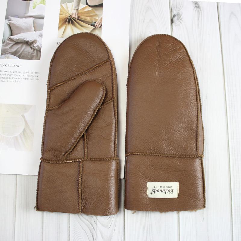 New Winter Warm Women's Sheepskin Gloves Thickened Wool Lined Solid Finger Leather Gloves