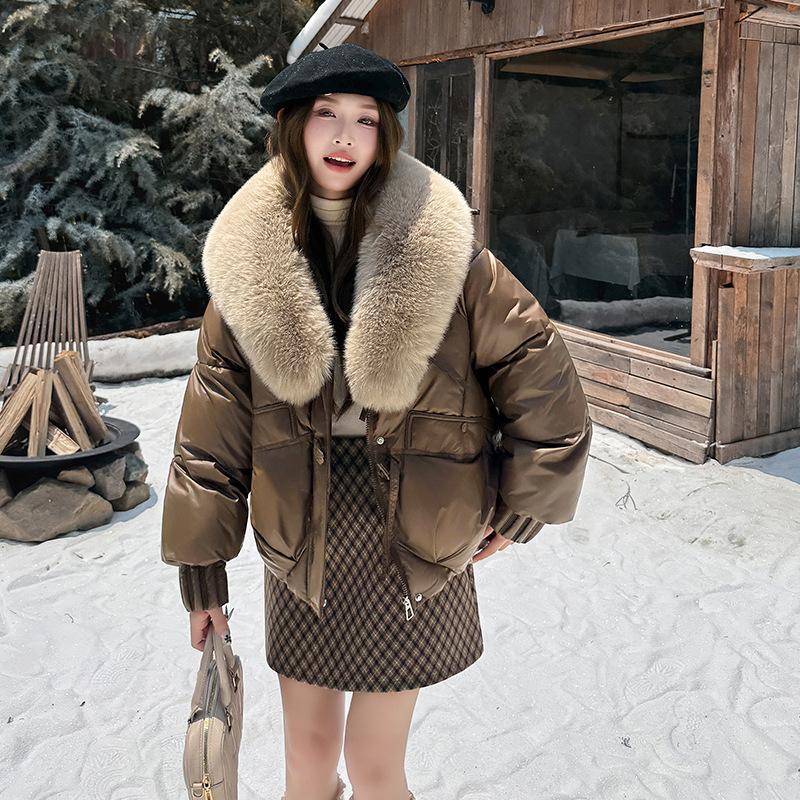 Winter Solid Color Hooded Big Fur Collar Loose Casual Windproof Thickening Warm Short Women's Jacket 5 Colors