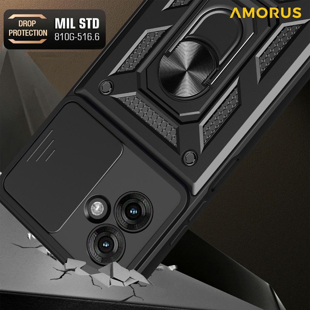 AMORUS Für Motorola Moto G55 5G Hülle Ständer PC+TPU Handyhülle mit Kameraobjektivschieber