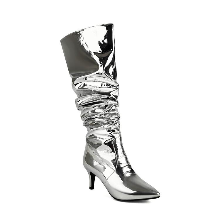 

Модные европейско-американские лакированные плиссированные золотистые серебристые длинные сапоги женские 6,5 см высокий каблук короткий плюш до колена размер 32-48 36