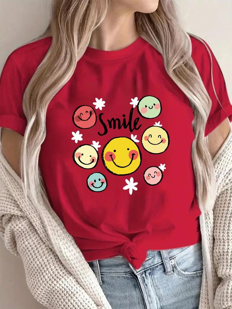 Women Smile Face Print T-Shirt Cute Cartoon Graphic Tee Crewneck Short Sleeve Casual Summer Tops Yellow Summer Tees