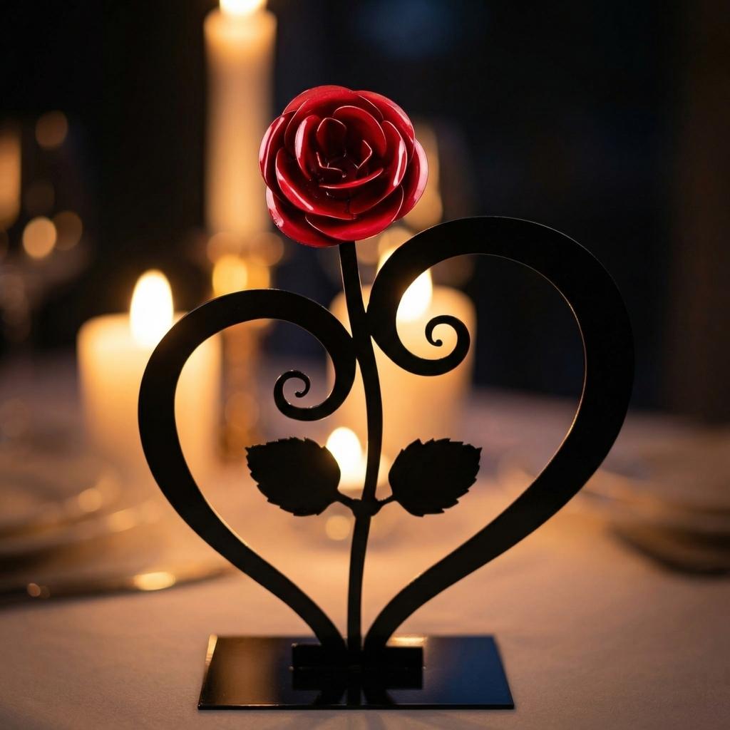 A Metal Rose Paired With A Heart-shaped Stand—a Creative Decorative Piece That Makes For An Ideal Gift.