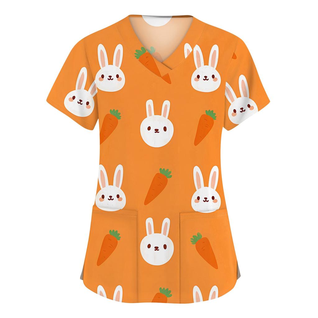 Moda damska Odzież robocza z dekoltem w serek i krótkimi rękawami z kieszeniami Topy z nadrukiem