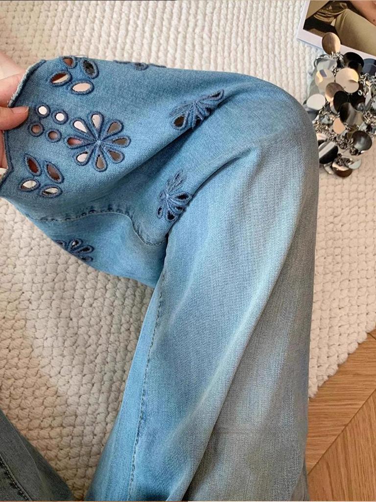 Tencel Maternity Floral Embroidered High-Waist Wide-Leg Jeans, Plus Size, Spring Collection (82066)