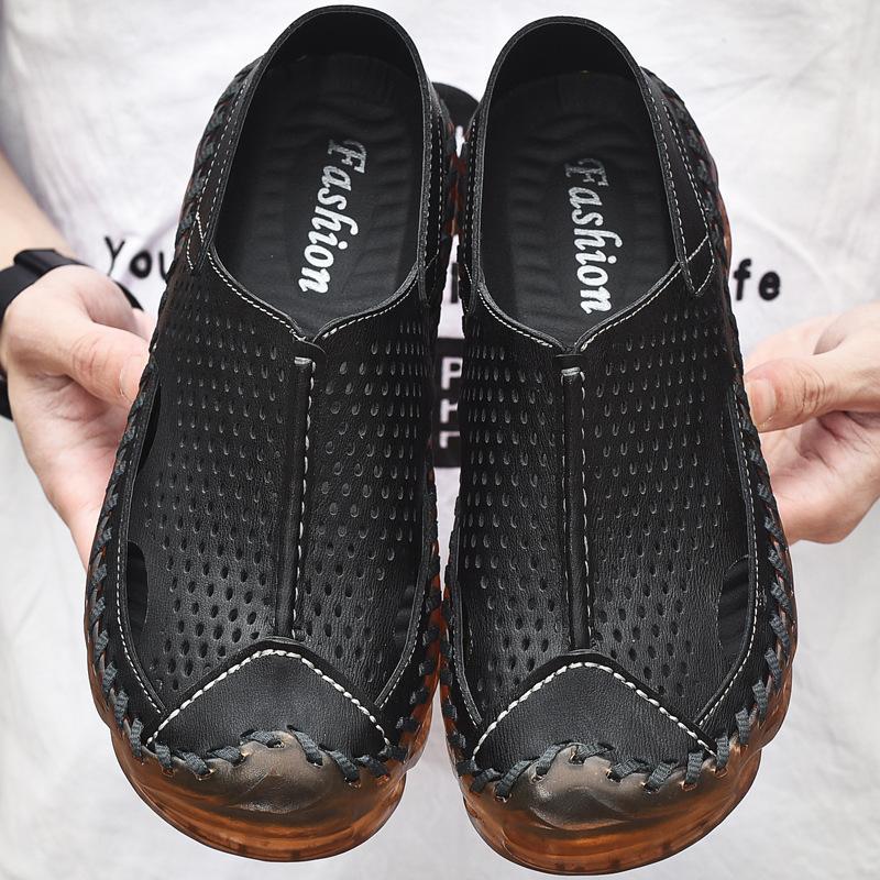 

Summer new men s large-size sandals trendy beach shoes cool slippers large-size men s shoes sewn shoes 46 38 чорний
