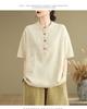 Plus Size Linen Vintage Button Pocket Short Sleeve T-Shirt Women's Summer Loose Slimming Fashion Top