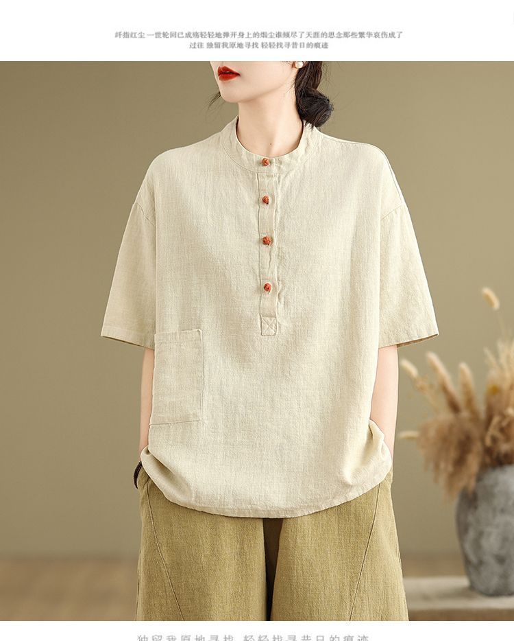 Plus Size Linen Vintage Button Pocket Short Sleeve T-Shirt Women's Summer Loose Slimming Fashion Top