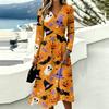 Women's Halloween Print V-Neck Long Sleeve Casual Dress with Pockets